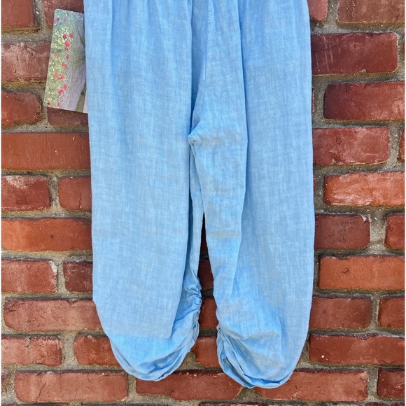 Baby Blue Linen Cropped Pants Bloomers With Button Details Lagenlook - Picture 2 of 6